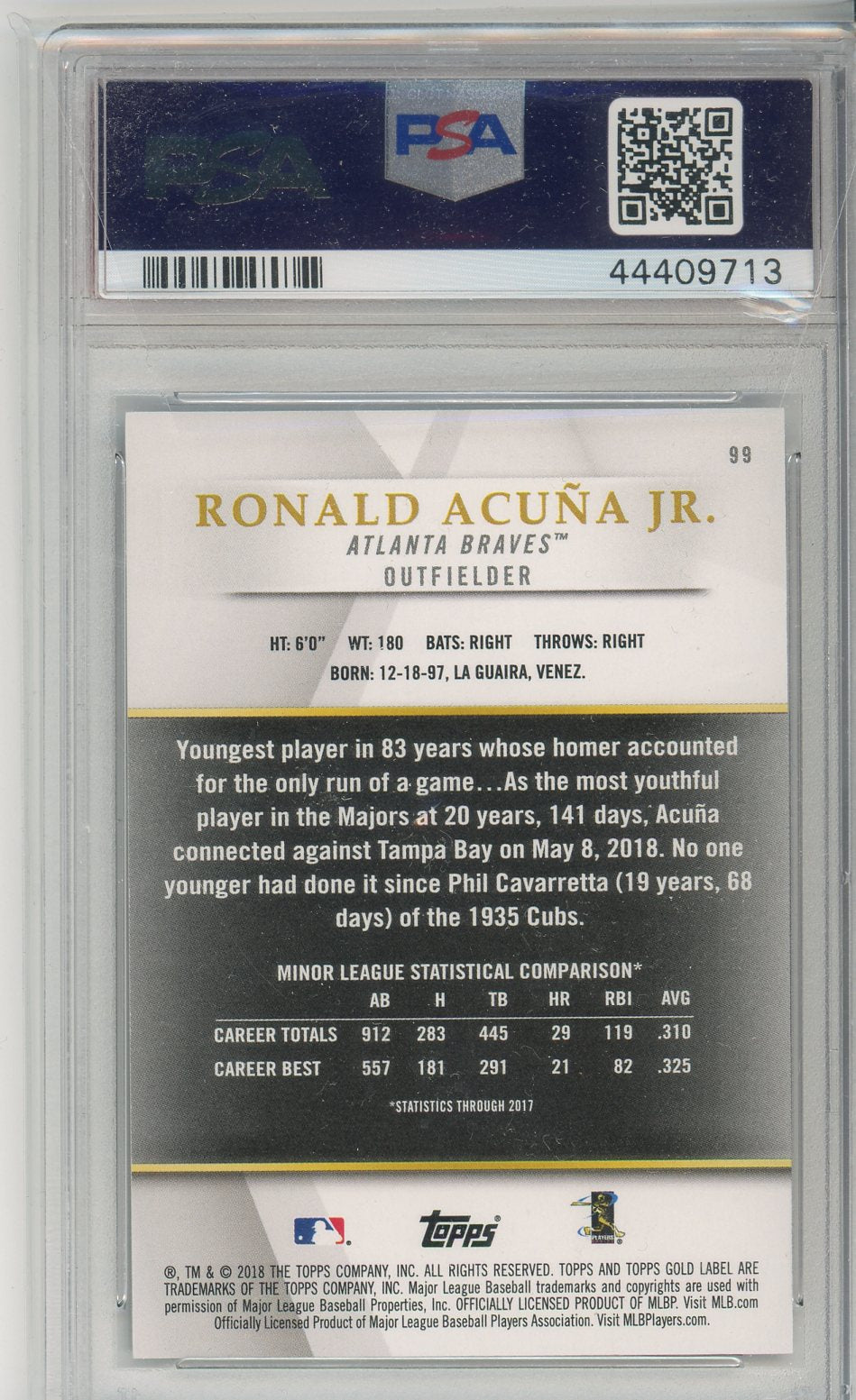 2018 Topps Gold Label Ronald Acuna Jr. Rookie Card/ 50 PSA 10