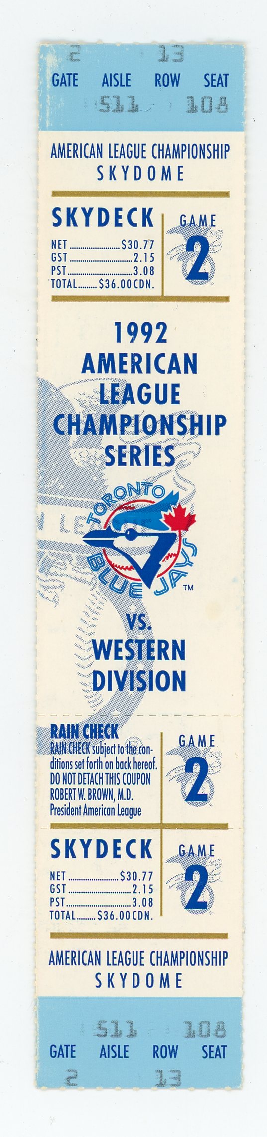 Blue Jays American League Championship Game 2 Vintage Full Ticket Skydome (Toronto, 1992)
