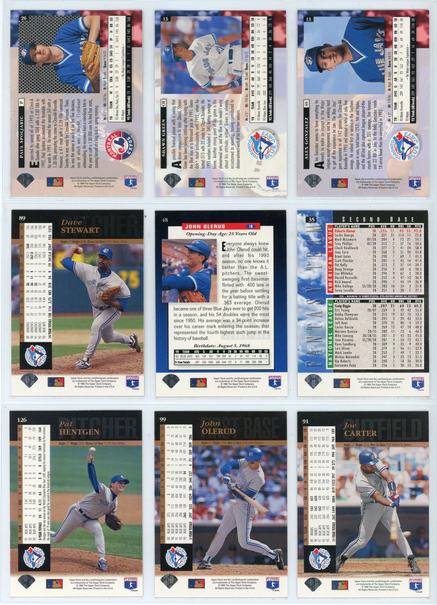 1994 Upper Deck Vintage Toronto Blue Jays Team Set (23 Cards)