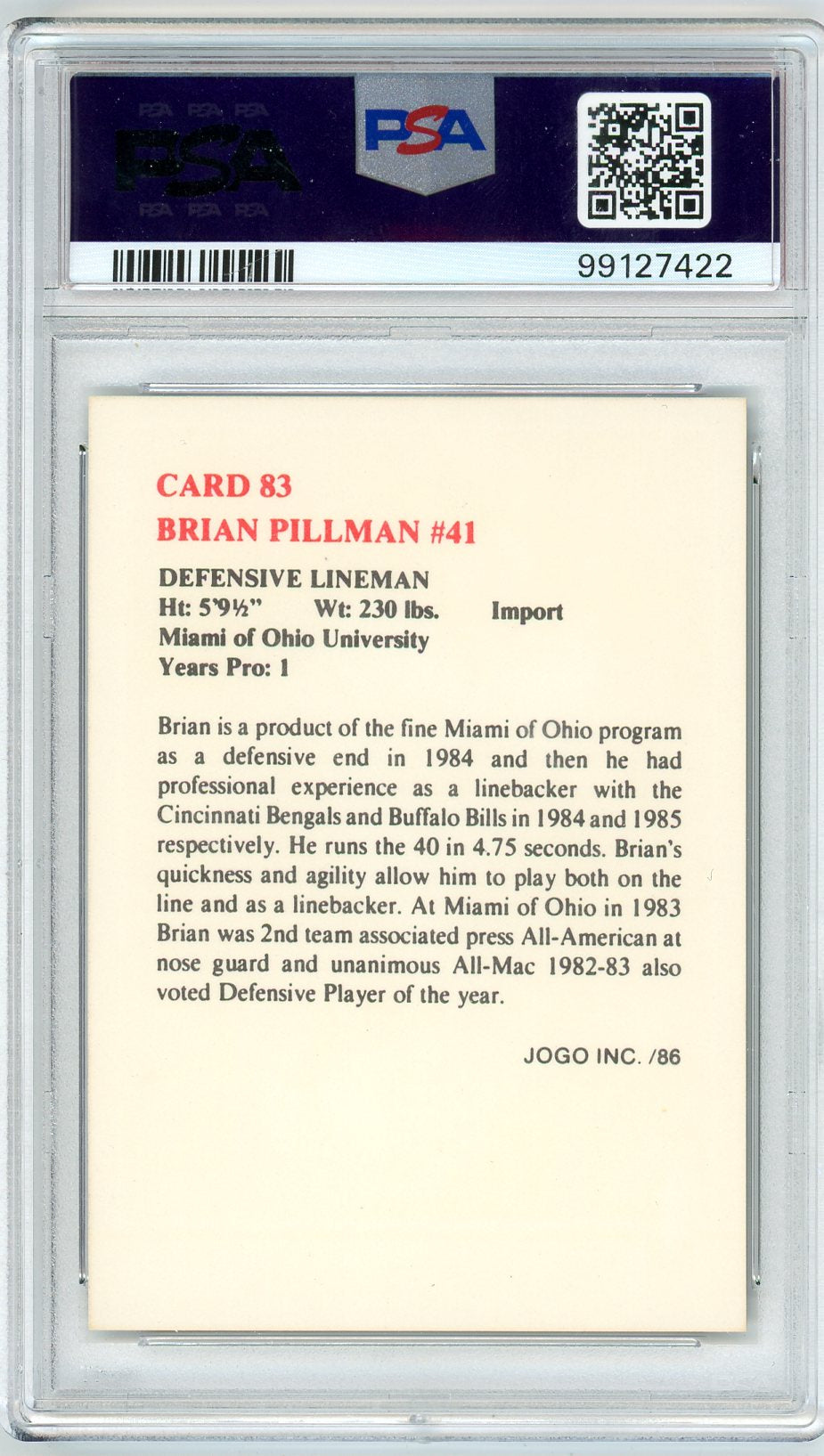 1986 Jogo CFL Brian Pillman Graded Rookie Card #83 PSA 9 WCW WWE Wrestler POP 9