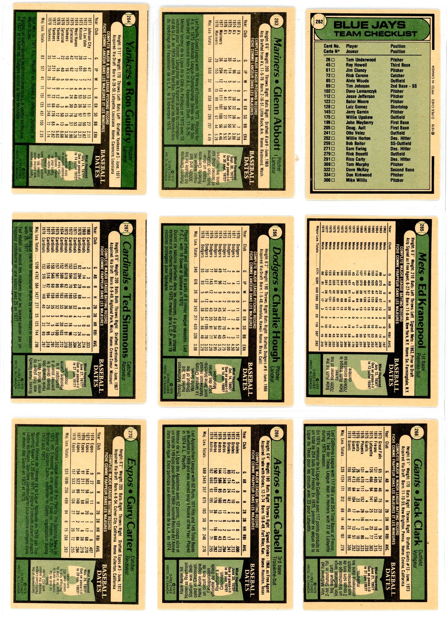 1979 O-Pee-Chee Baseball Complete Set (374 Cards) Excellent Shape