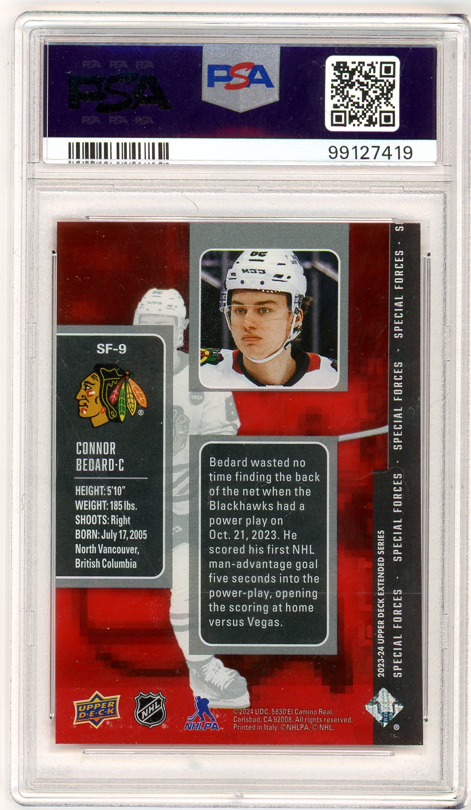 2023 Upper Deck Connor Bedard Special Forces Graded Rookie Card #SF9 PSA 9