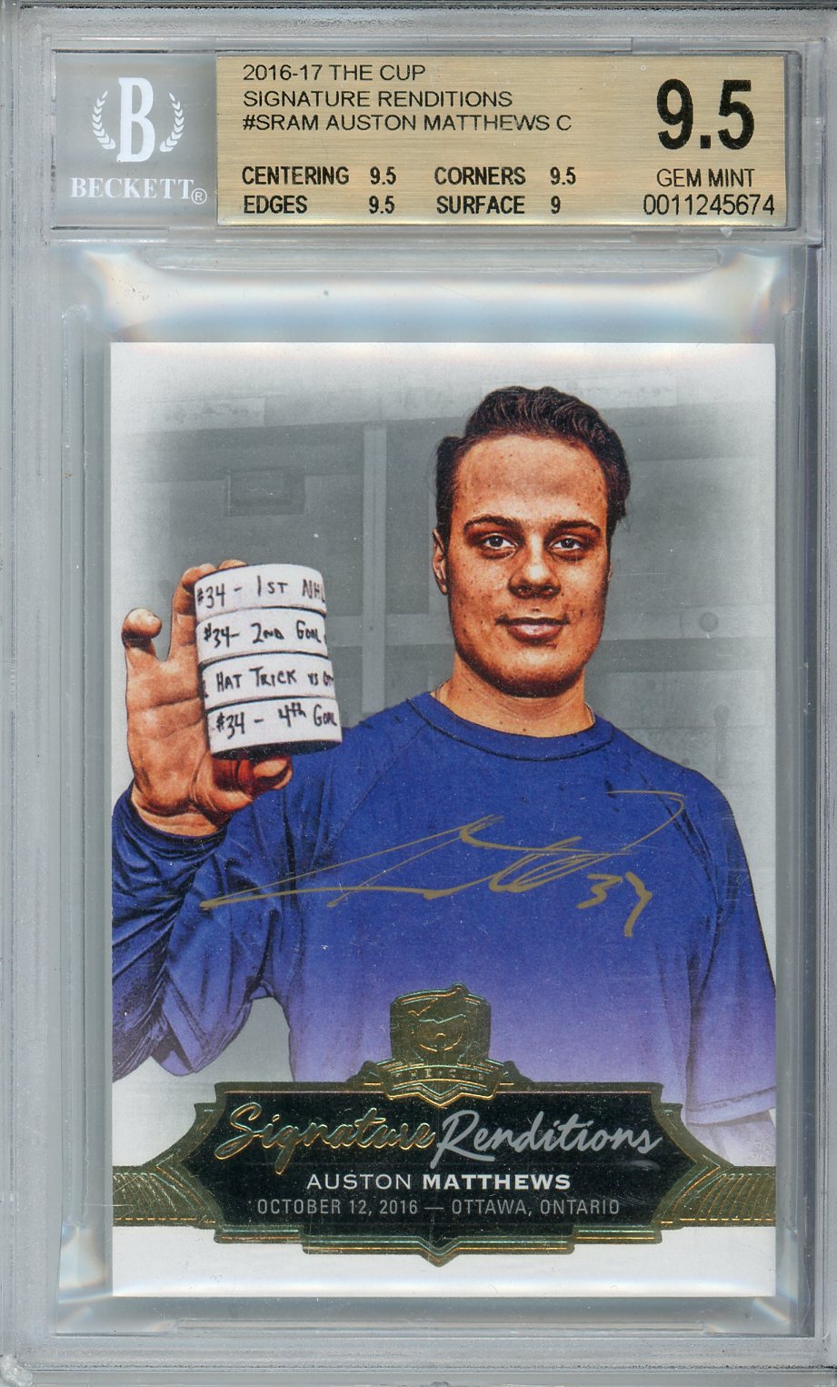 2016-17 The Cup Signature Renditions Auston Matthews Autographed Rookie Card BGS 9.5