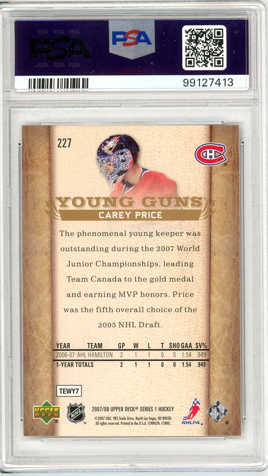 2007 Upper Deck Carey Price Graded Young Guns Rookie Card #227 PSA 9