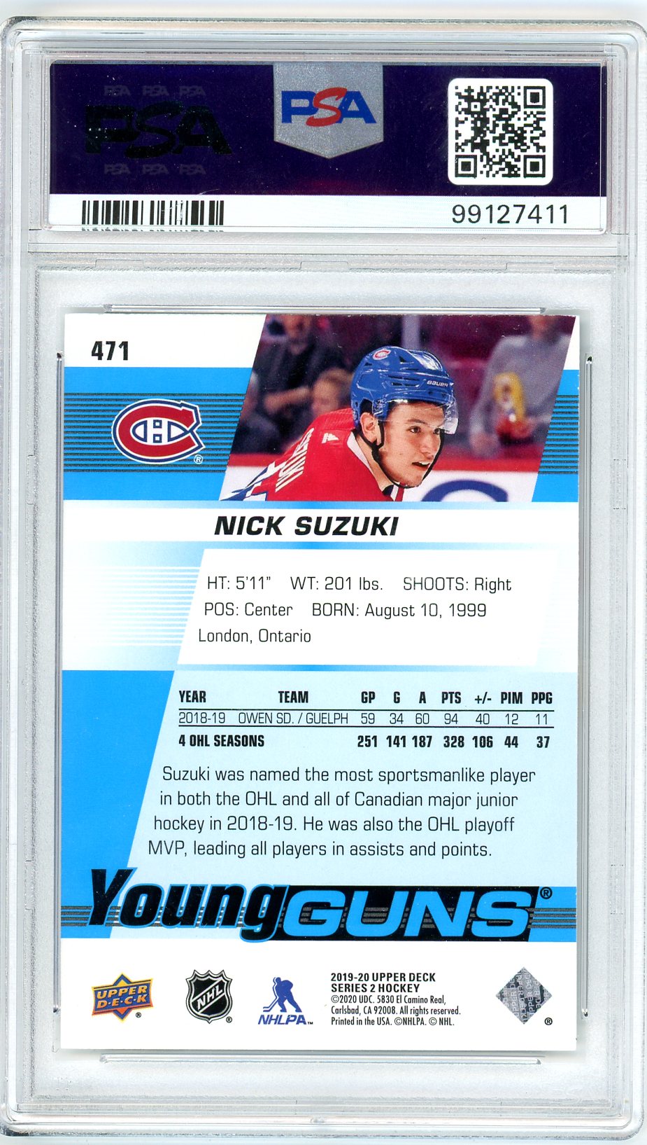 2019 Upper Deck Nick Suzuki Graded Young Guns Rookie Card #471 PSA 8