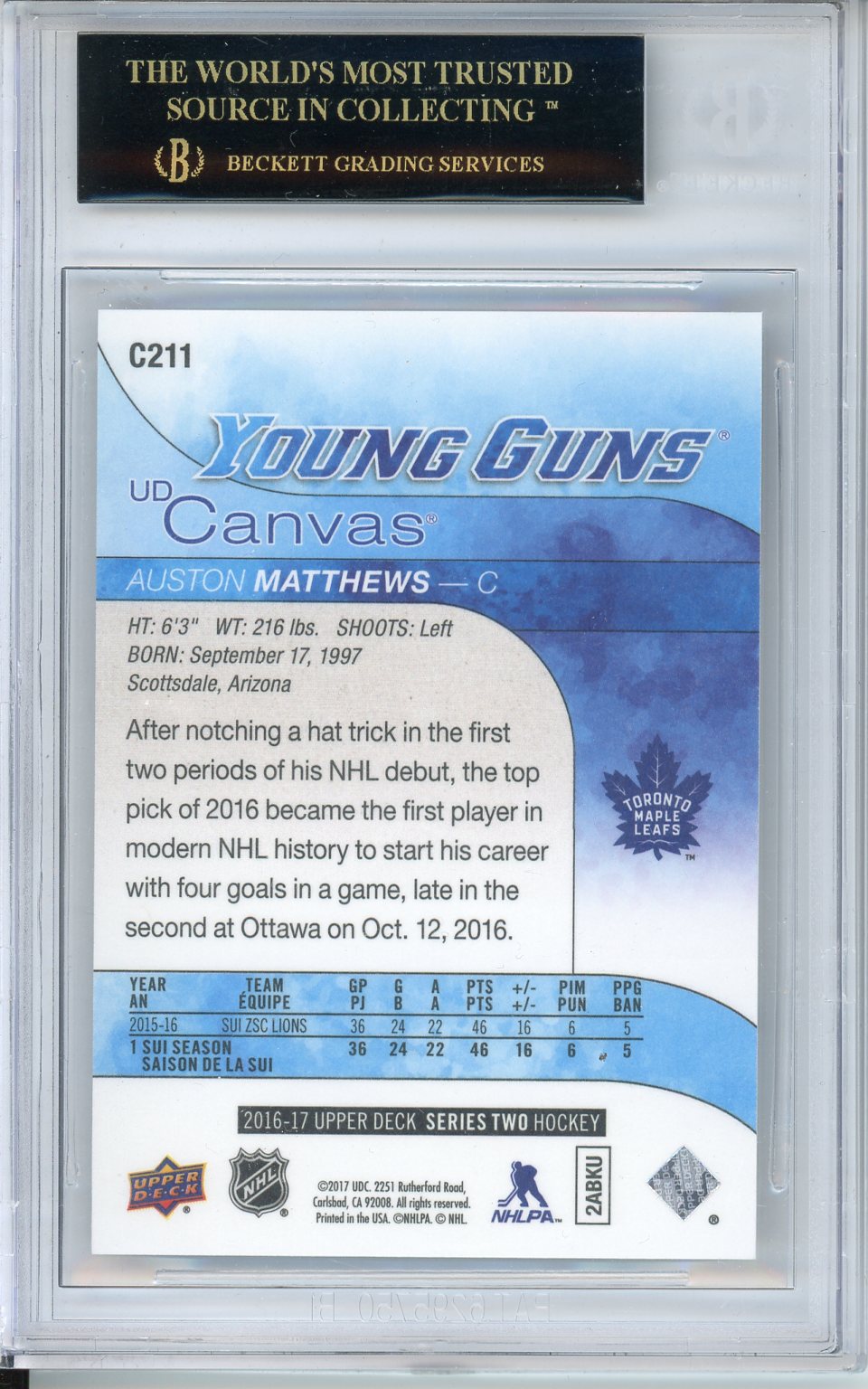 2016-17 Upper Deck Young Guns Canvas Auston Matthews Rookie Card BGS 10 Black Label