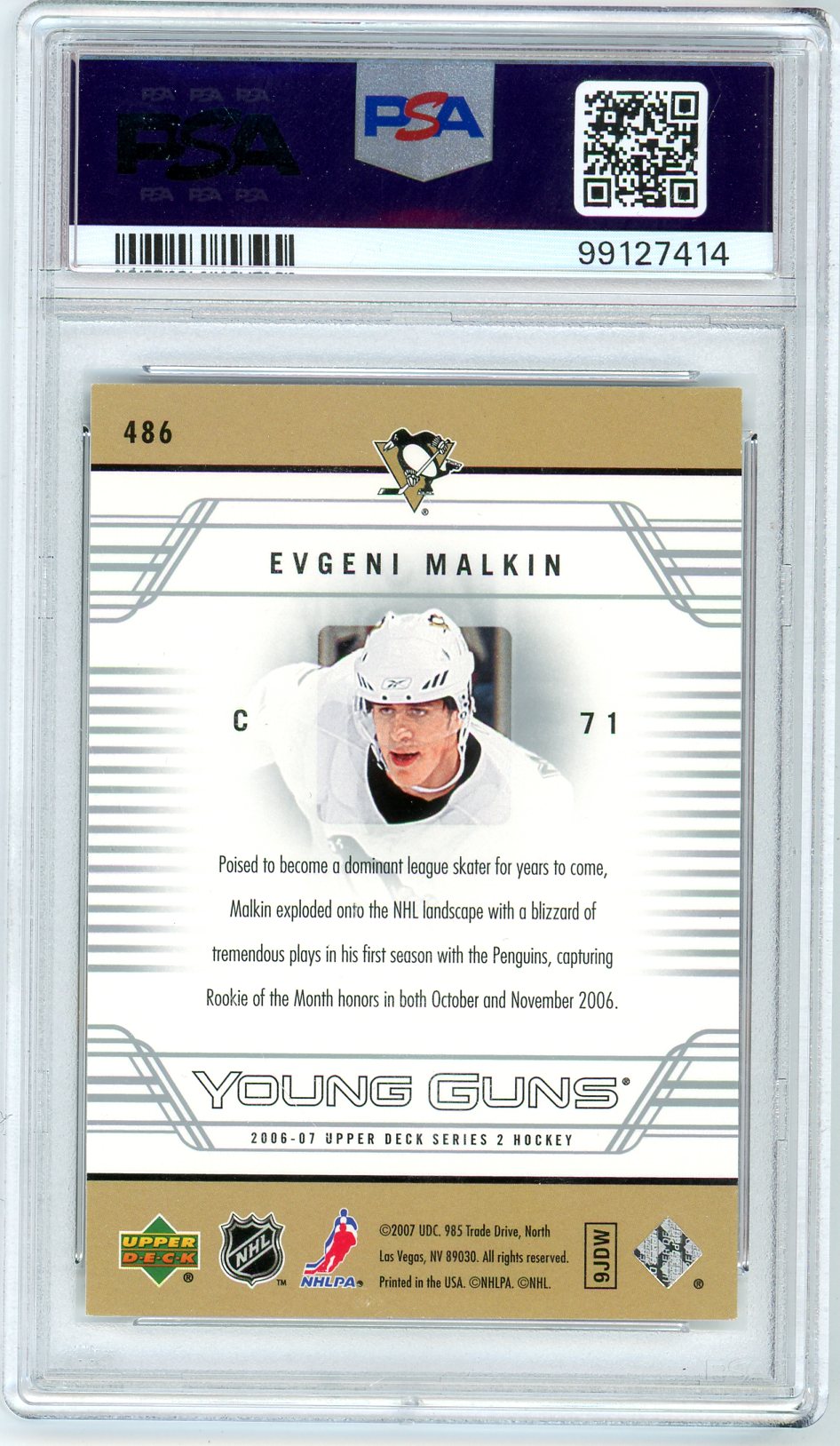 2006 Upper Deck Evgeni Malkin Graded Young Guns Rookie Card #486 PSA 8