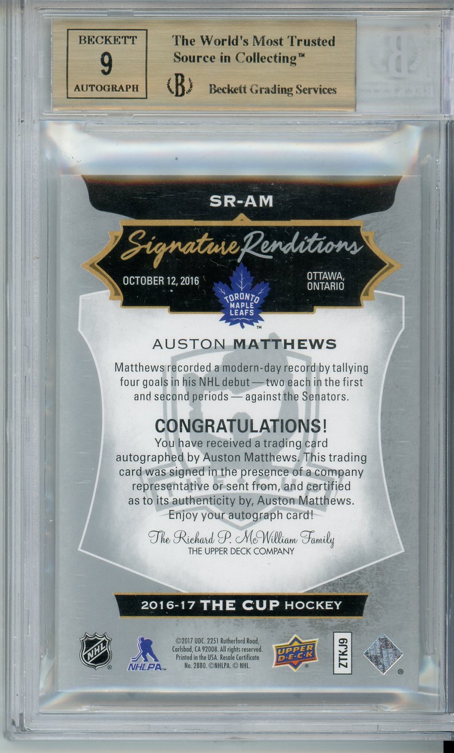 2016-17 The Cup Signature Renditions Auston Matthews Autographed Rookie Card BGS 9.5