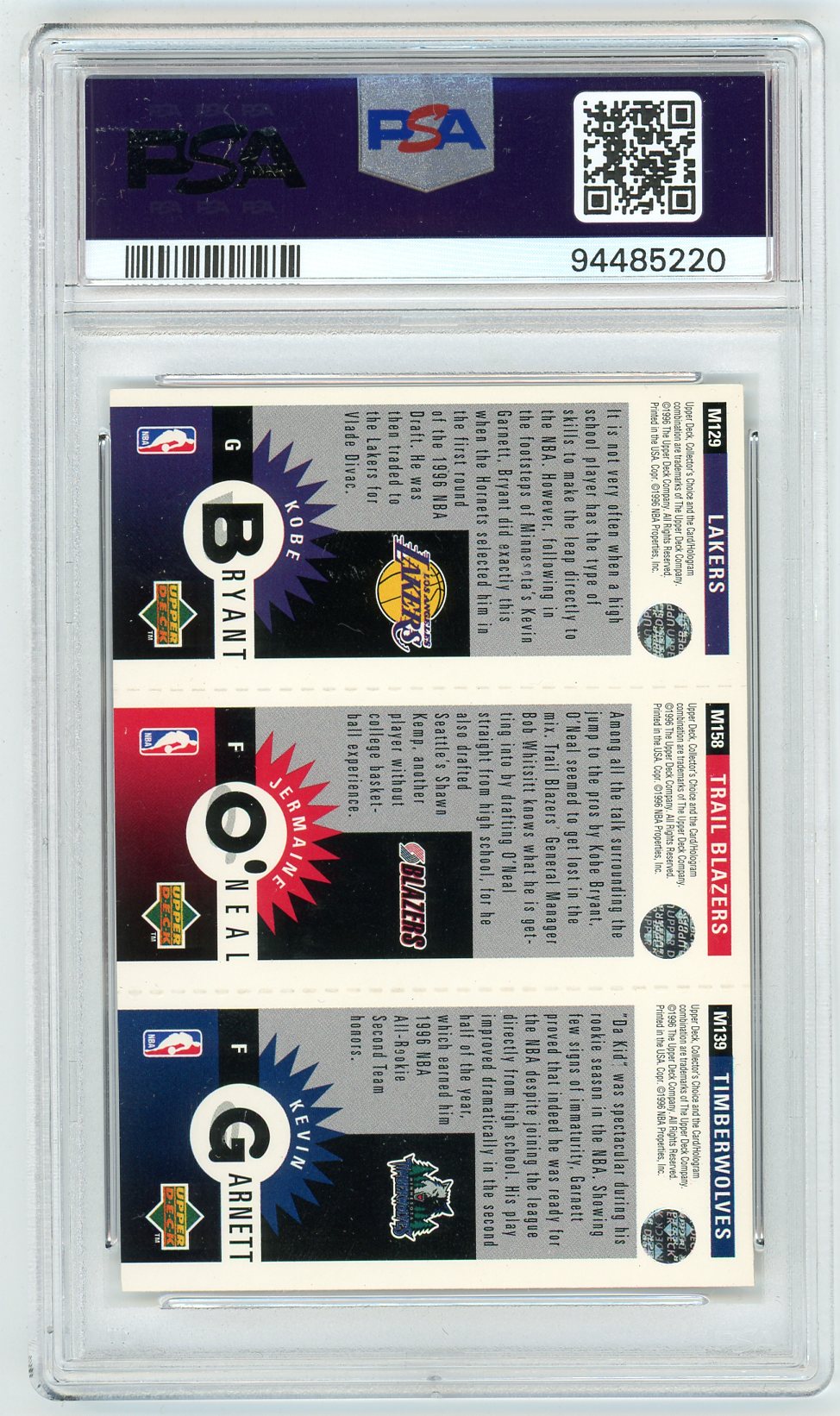 1996 Upper Deck Collector's Choice Bryant/Garnett/J. O'Neal Graded Rookie Card PSA 9