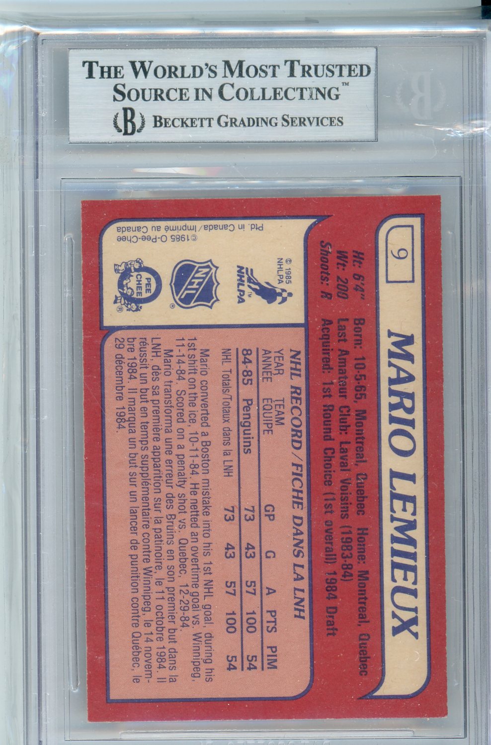 1985-86 O-Pee-Chee Mario Lemiuex #9 Graded Rookie Card BGS 8.5