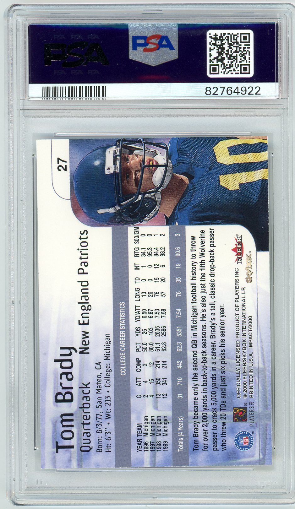 2000 Skybox Impact Tom Brady Graded Football Rookie Card #7 PSA 9