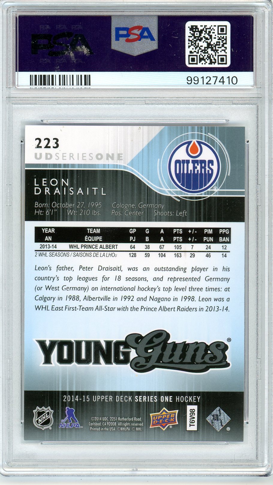 2014 Upper Deck Leon Draisaitl Graded Young Guns Rookie Card #223 PSA 9