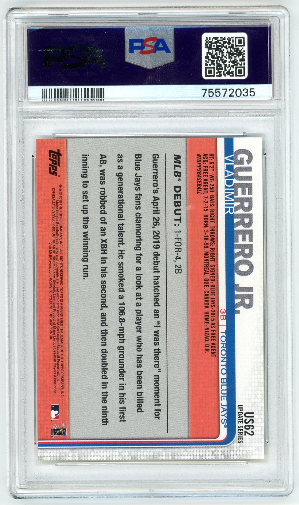 2019 Topps Update Vladimir Guerrero Jr. Graded Rookie Card #US62 PSA 9