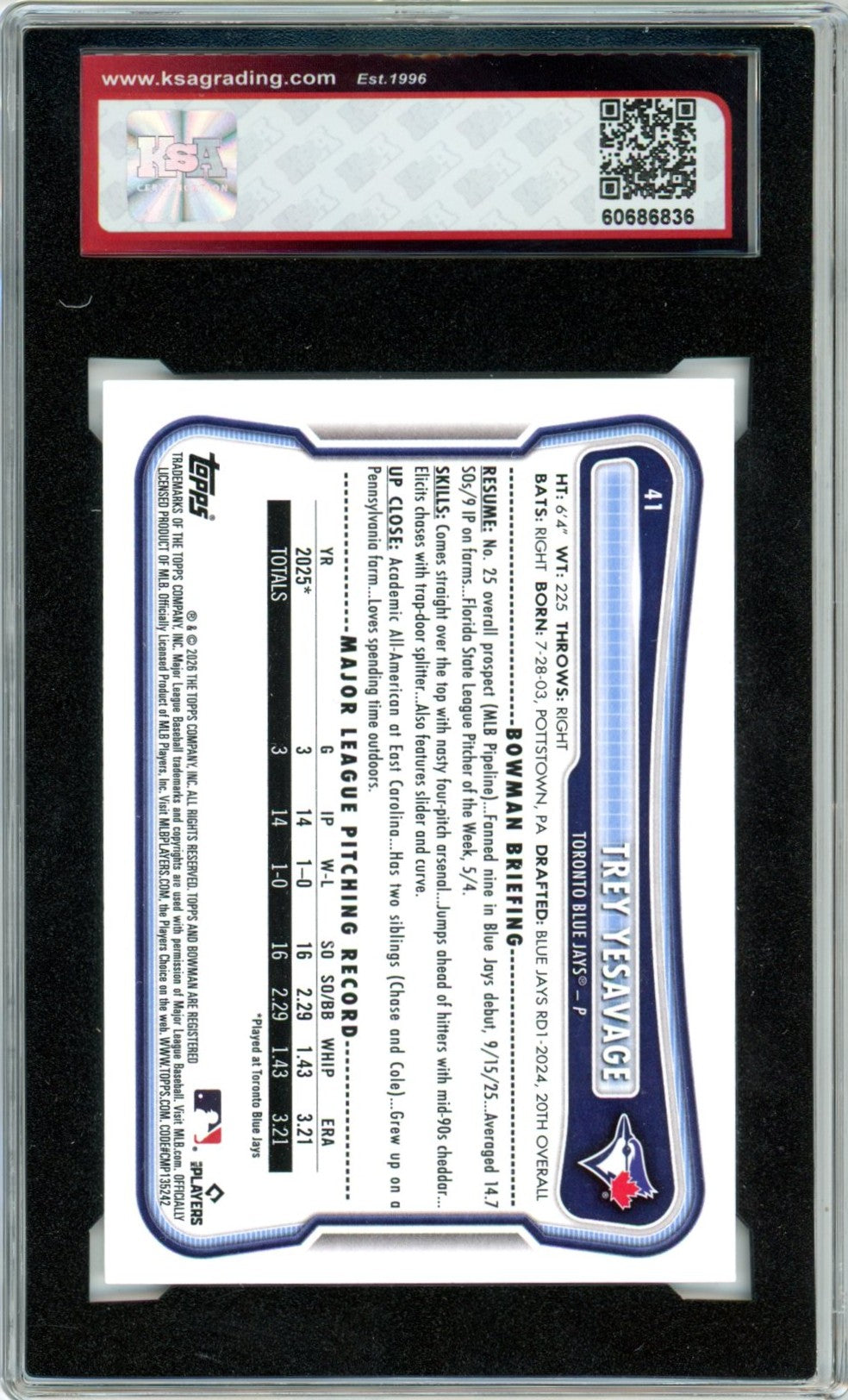 2026 Bowman Trey Yesavage #41 Graded Rookie Card KSA 9
