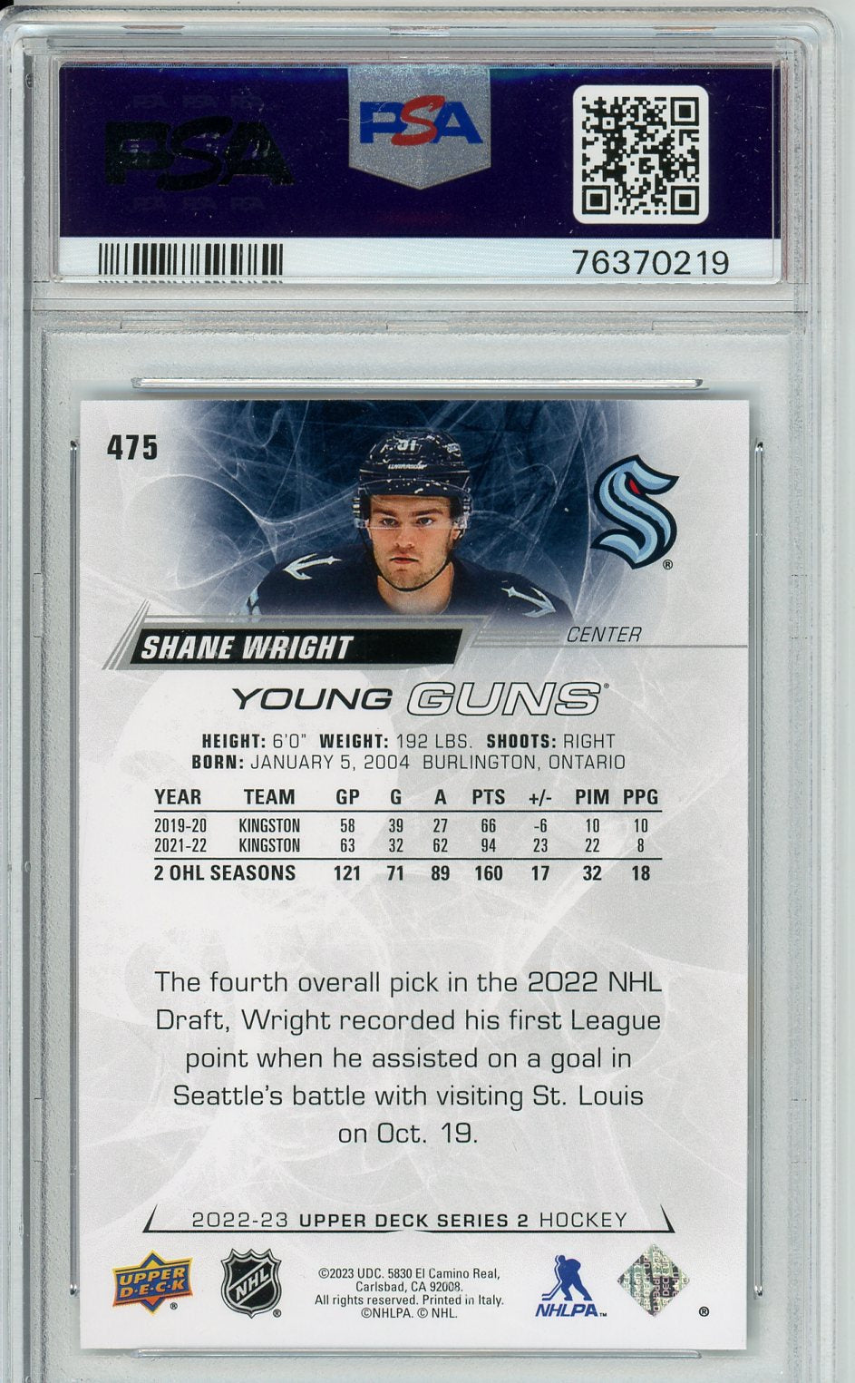 2022 Upper Deck Shane Wright #475 Graded Rookie Card PSA 10