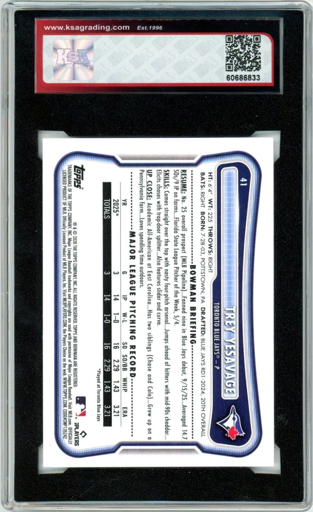 2026 Bowman Trey Yesavage #41 Graded Rookie Card KSA 8.5