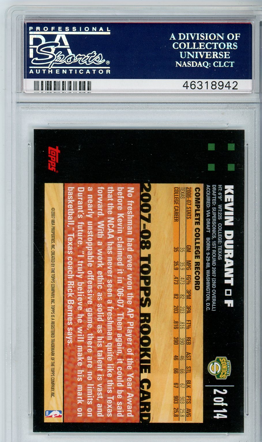 2007 Topps Kevin Durant #2 Graded Rookie Card PSA 10