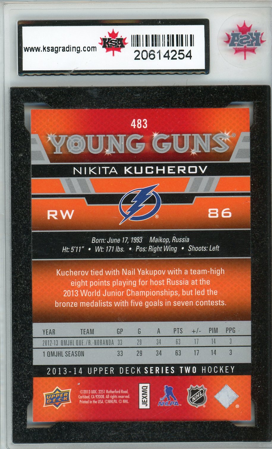 2013-14 Upper Deck Nikita Kucherov #483 Graded Rookie Card KSA 8.5