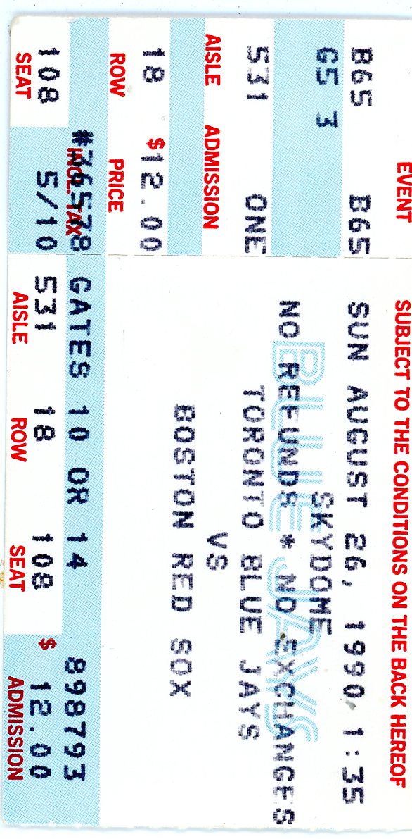 Toronto Blue Jays vs. Boston Red Sox Vintage Ticket Skydome (Toronto, 1990)