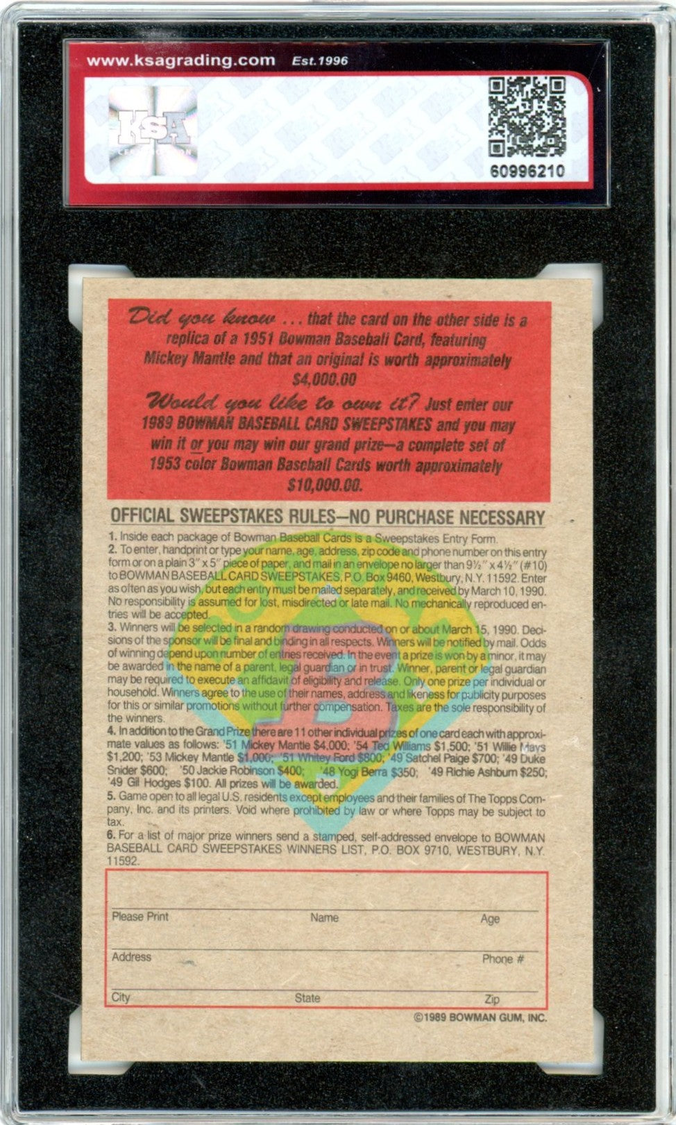 1989 Bowman Mickey Mantle 1951 Reprint Graded Baseball Card KSA 8