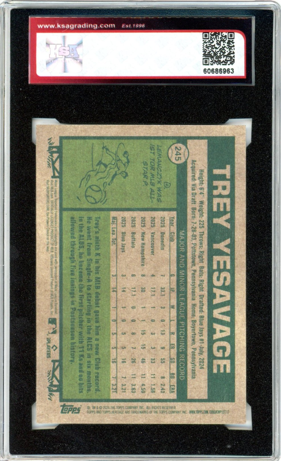 2026 Topps Heritage Trey Yesavage #245 Graded Rookie Card KSA 8.5