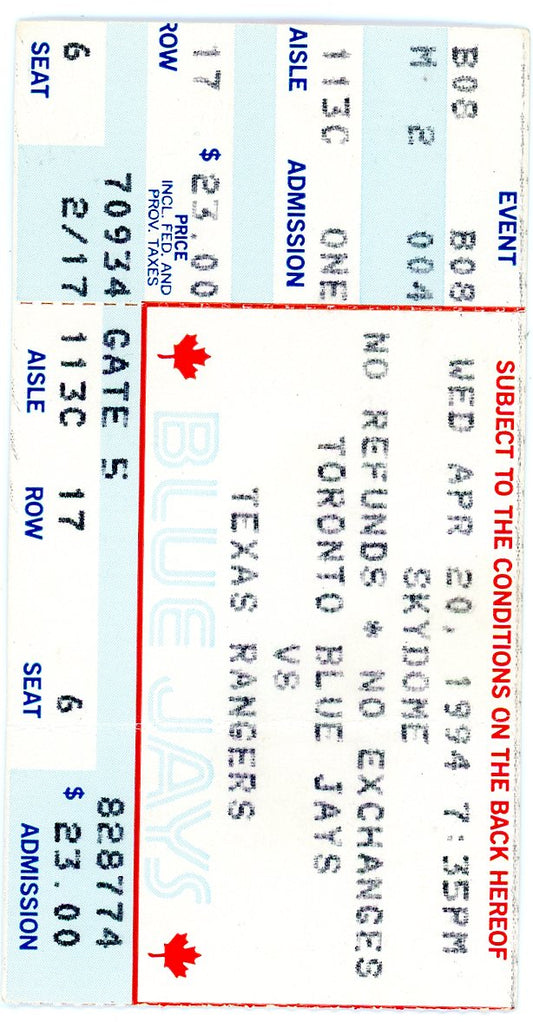 Toronto Blue Jays vs. Texas Rangers Ticket Stub Skydome (Toronto, 1994) Strike Year