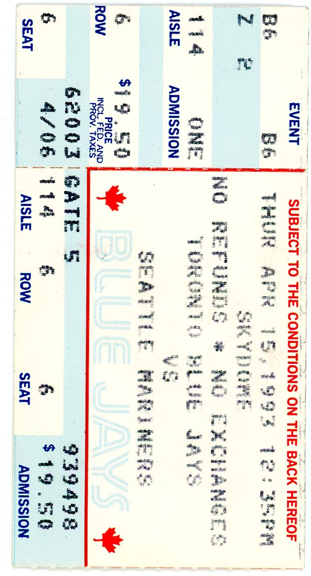 Toronto Blue Jays vs. Seattle Mariners Vintage Ticket Stub Skydome (Toronto, 1993) Ken Griffey Jr