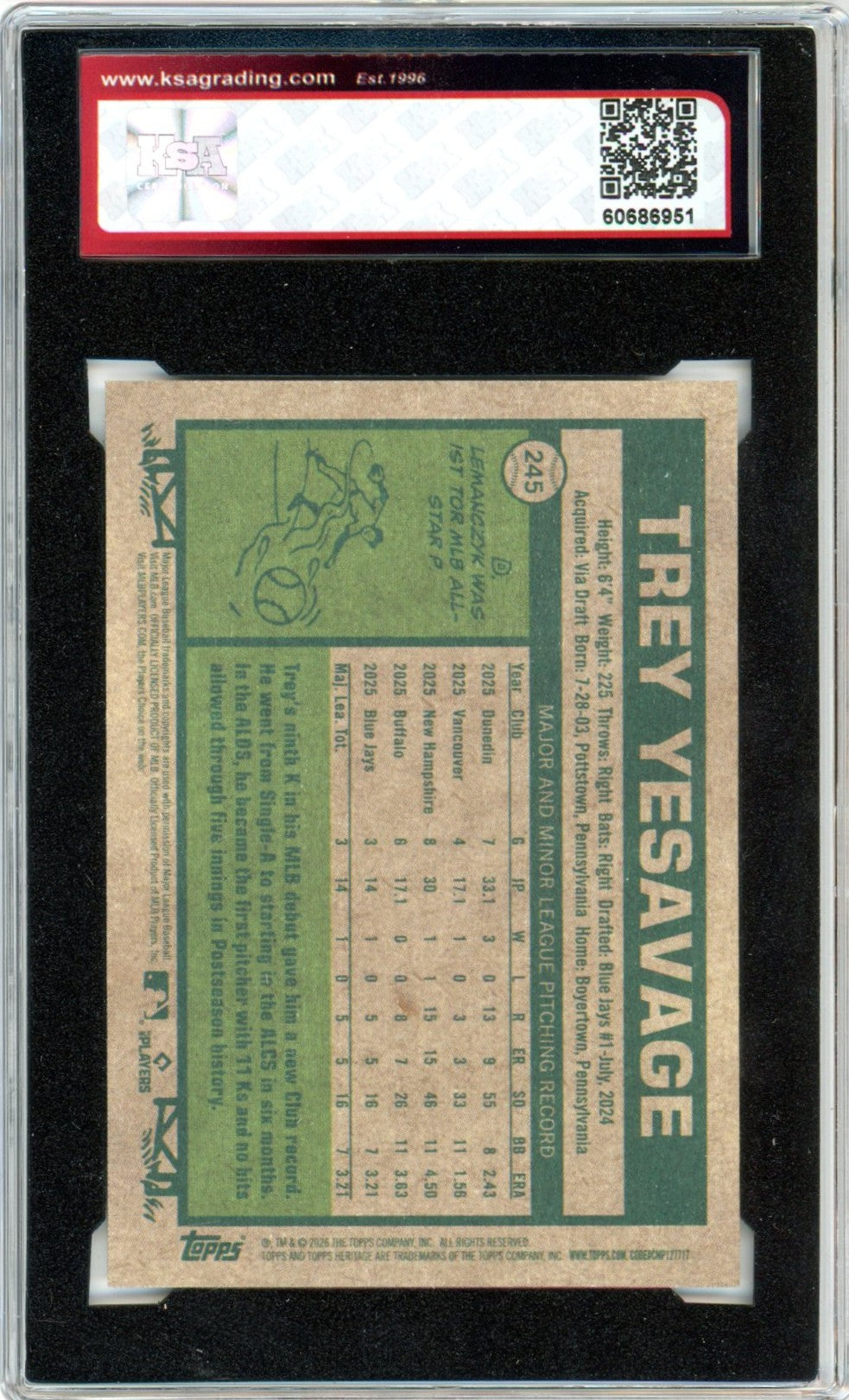 2026 Topps Heritage Trey Yesavage #245 Graded Rookie Card KSA 9.5
