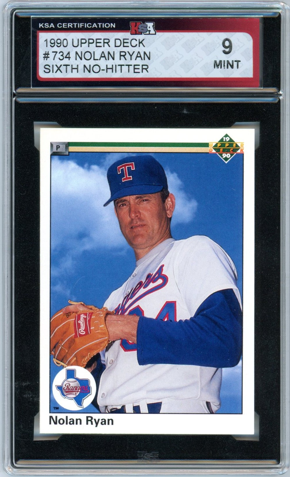 1990 Upper Deck Nolan Ryan #734 Sixth No-Hitter Graded Baseball Error Card KSA 9