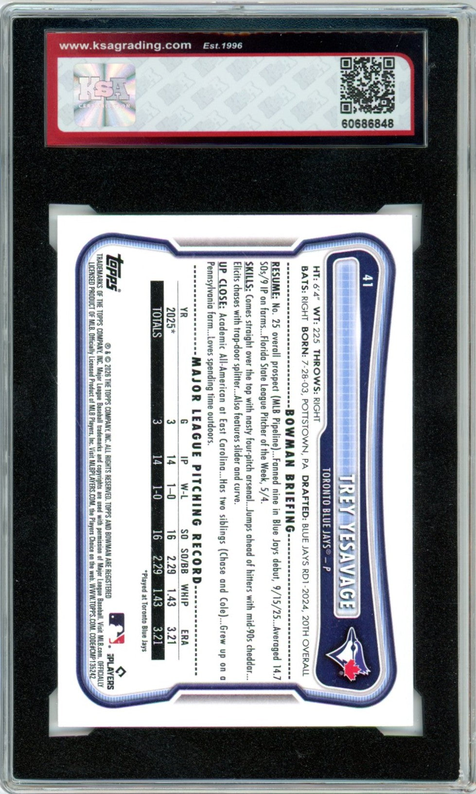 2026 Bowman Trey Yesavage #41 Graded Rookie Card KSA 9.5