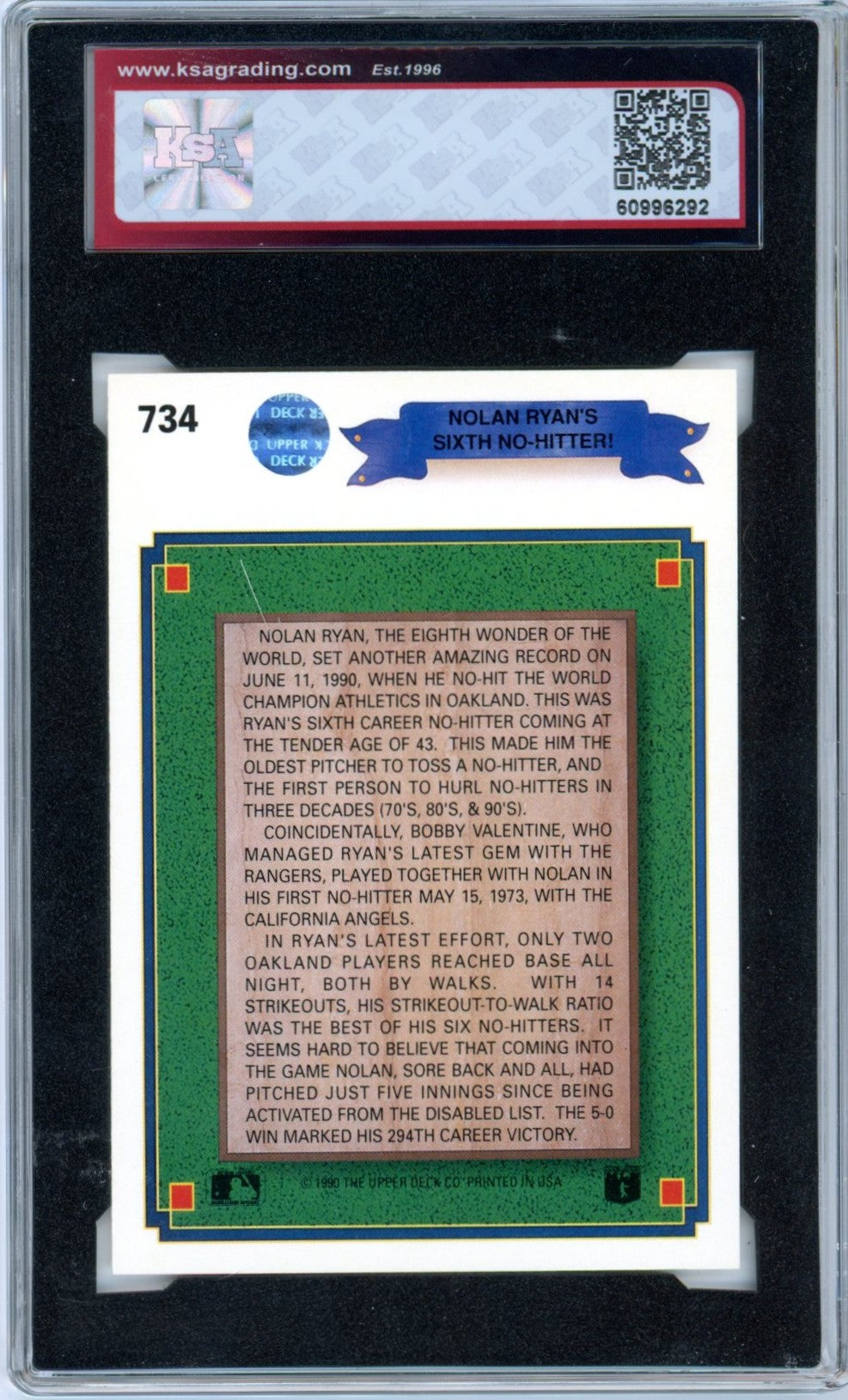 1990 Upper Deck Nolan Ryan #734 Sixth No-Hitter Graded Baseball Error Card KSA 9
