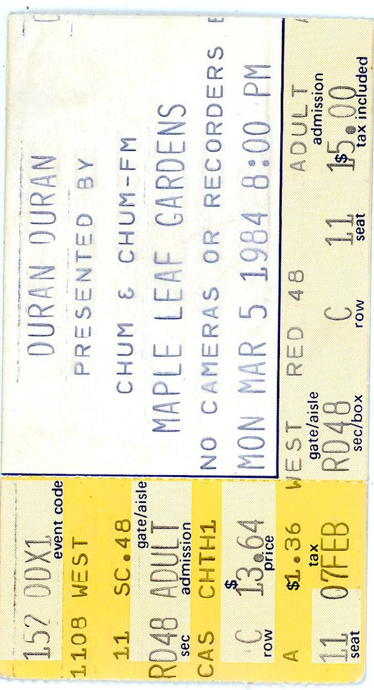 Duran Duran Vintage Concert Ticket Maple Leaf Gardens (Toronto, 1984)