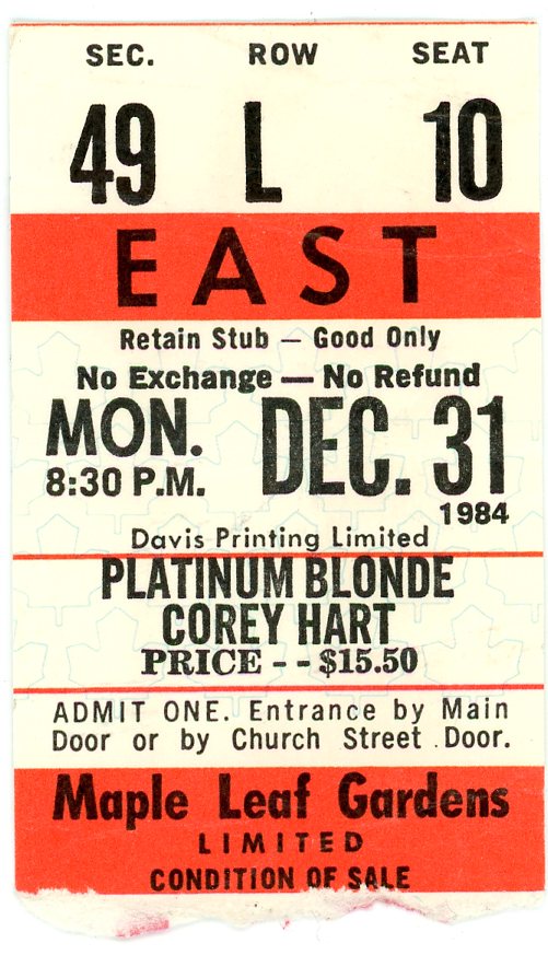 Platinum Blonde / Corey Hart Vintage Concert Ticket Maple Leaf Gardens (Toronto, 1984)