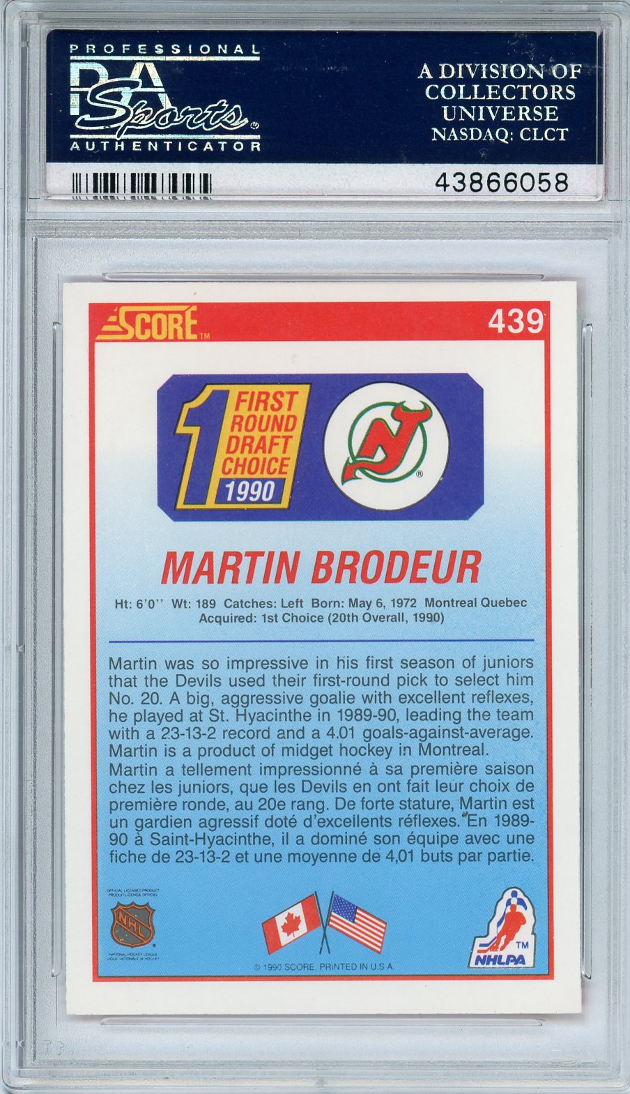 1990 Score Canadian Martin Brodeur #439 Graded Rookie Card PSA 10