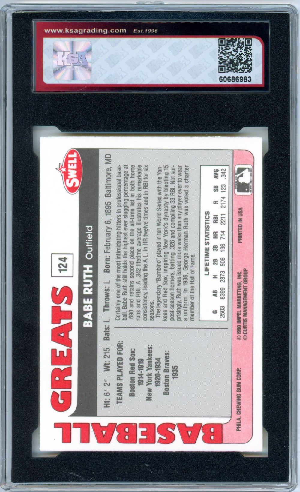 1991 Swell Baseball Greats Babe Ruth #124 Graded Baseball Card KSA 8