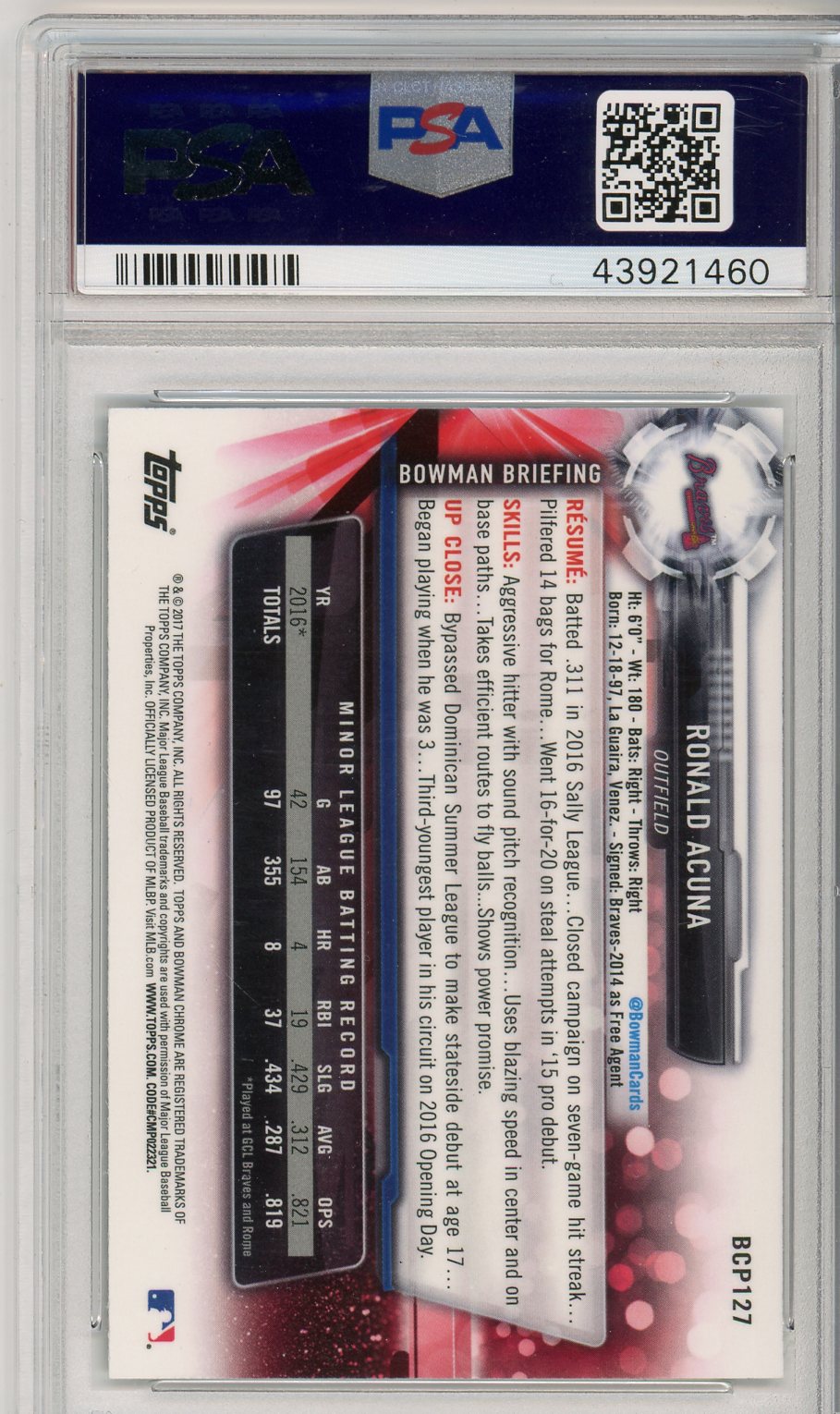 2017 Bowman Prospects Ronald Acuna Chrome Graded Baseball Card PSA 10