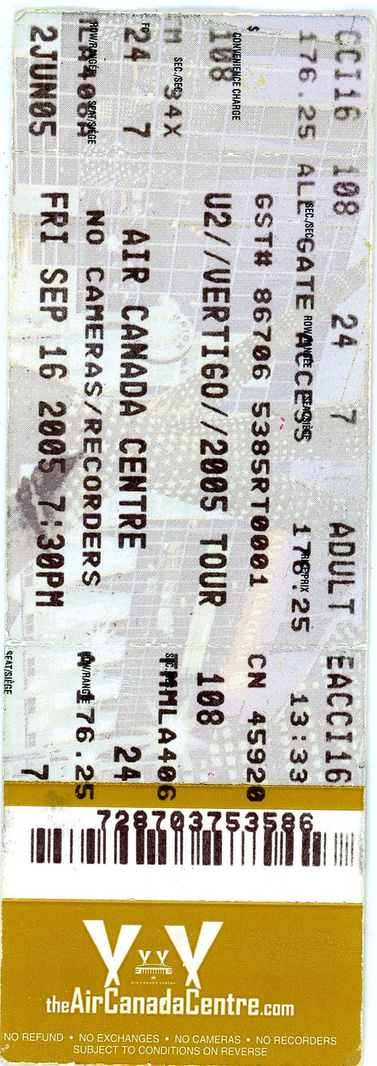 U2 Vertigo Tour Concert Ticket Air Canada Centre (Toronto, 2005)