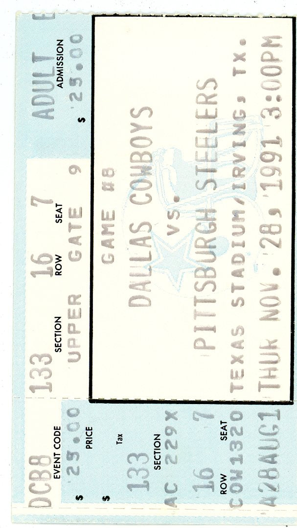 Dallas Cowboys vs. Pittsburgh Steelers Ticket Texas Stadium (Irving TX, 1991)