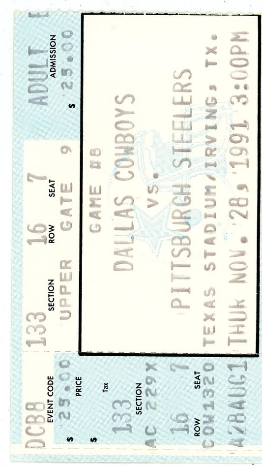 Dallas Cowboys vs. Pittsburgh Steelers Ticket Texas Stadium (Irving TX, 1991)