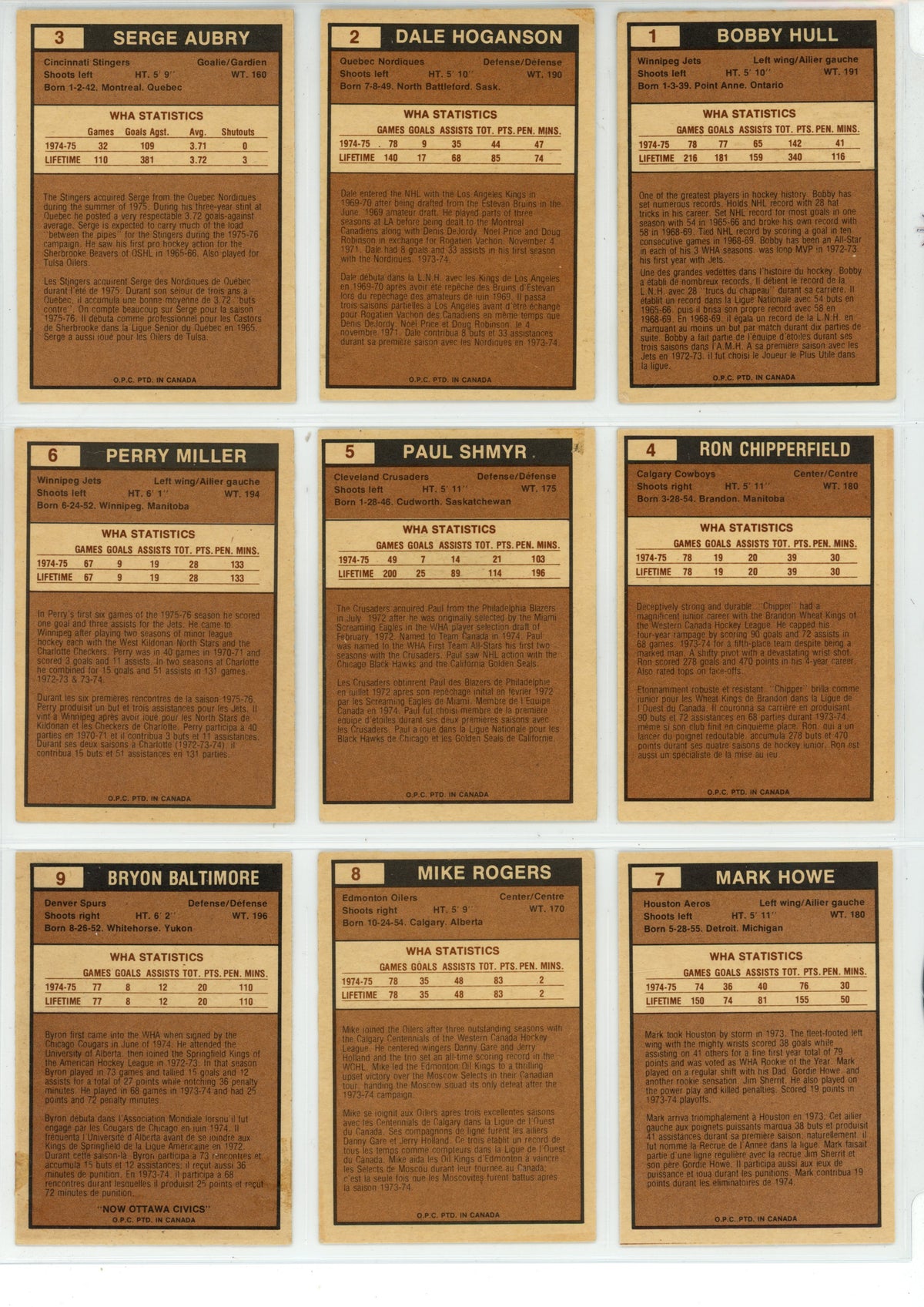 1975/76 O-Pee-Chee WHA Hockey Trading Card Complete Set (132 Cards) - EX/EX+