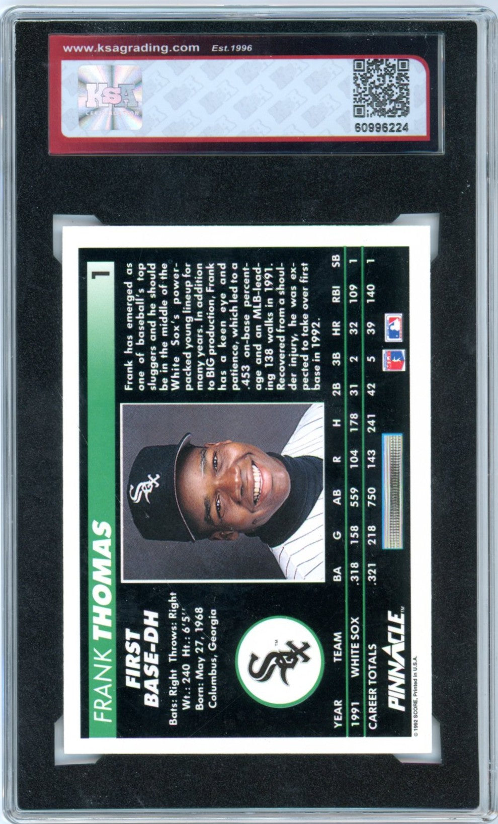 1992 Pinnacle Frank Thomas #1 Graded Baseball Card KSA 8.5
