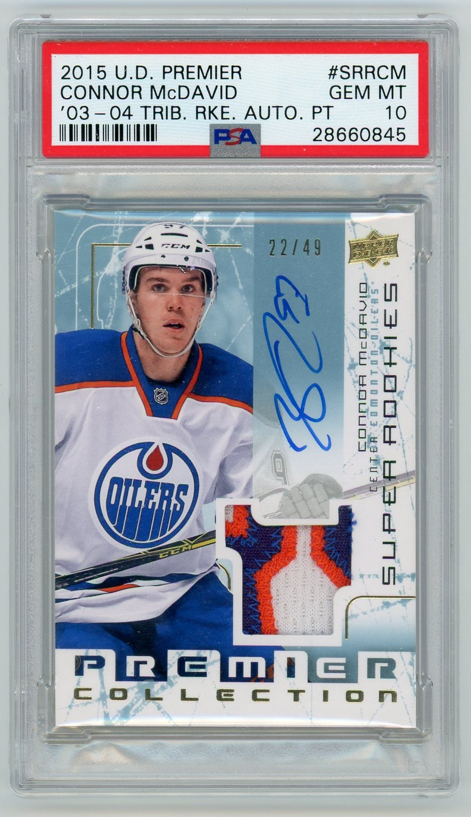 2015 Upper Deck Premier Connor McDavid Autograph Super Rookie Patch Card PSA 10 /49