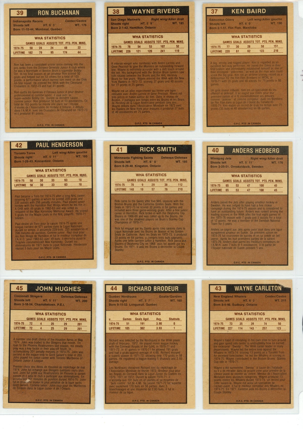 1975/76 O-Pee-Chee WHA Hockey Trading Card Complete Set (132 Cards) - EX/EX+