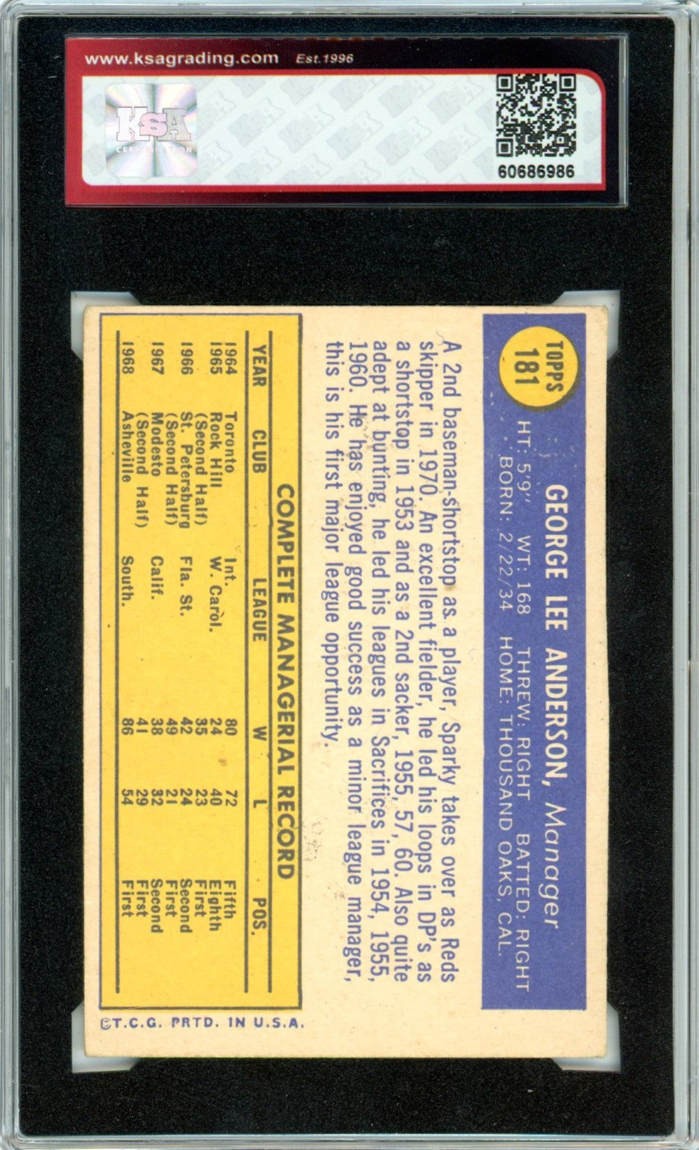 1970 Topps Sparky Anderson #181 Graded Baseball Card KSA 4.5