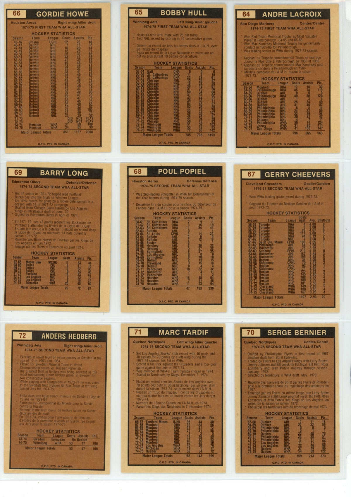 1975/76 O-Pee-Chee WHA Hockey Trading Card Complete Set (132 Cards) - EX/EX+