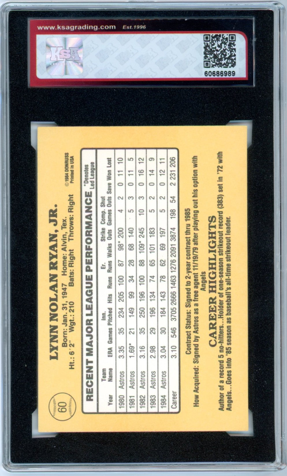 1985 Donruss Nolan Ryan #60 Graded Baseball Card KSA 7.5