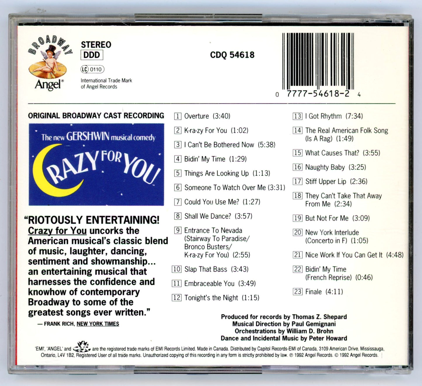 Crazy for You (1992) Broadway Musical Soundtrack Vintage CD