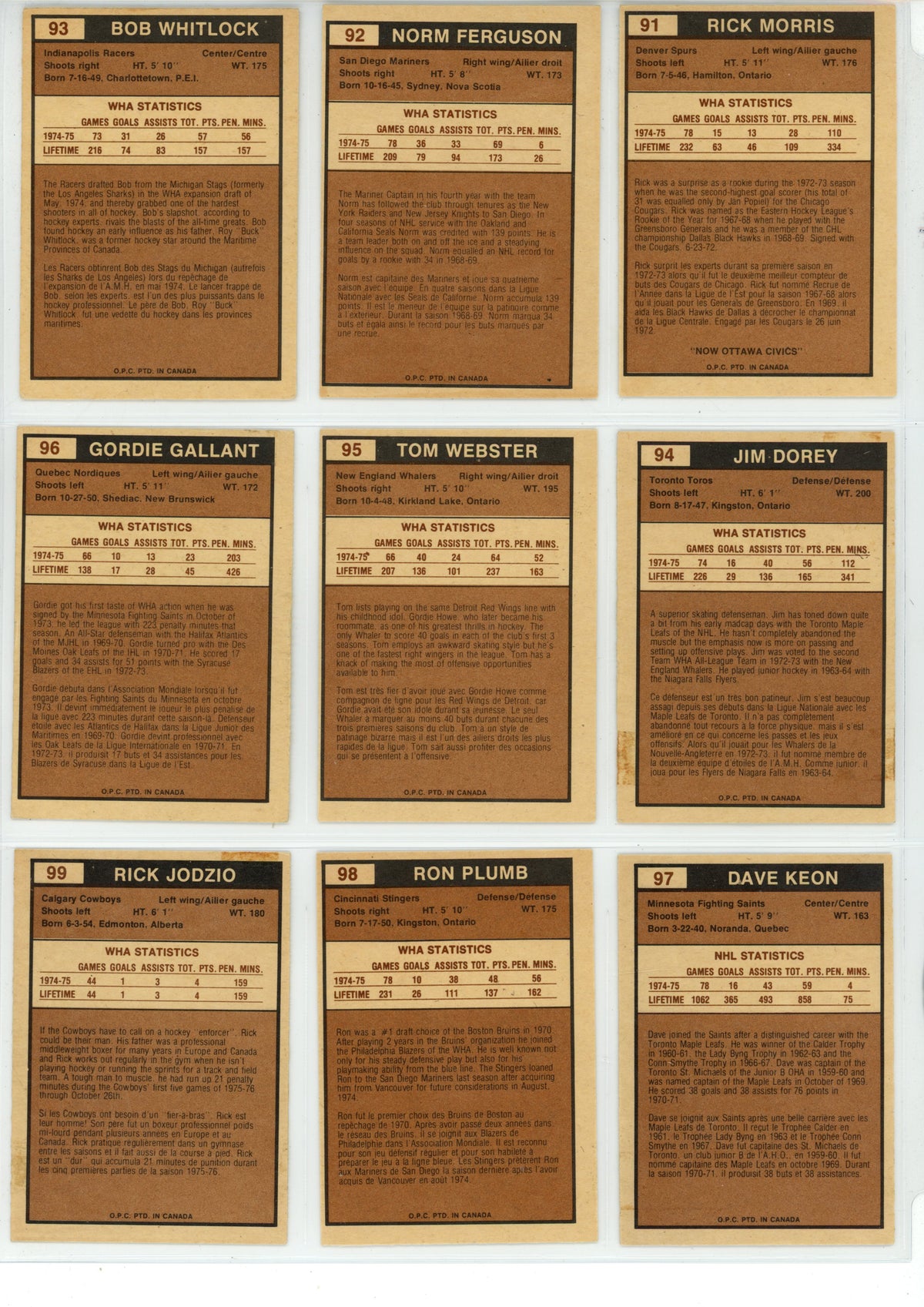 1975/76 O-Pee-Chee WHA Hockey Trading Card Complete Set (132 Cards) - EX/EX+