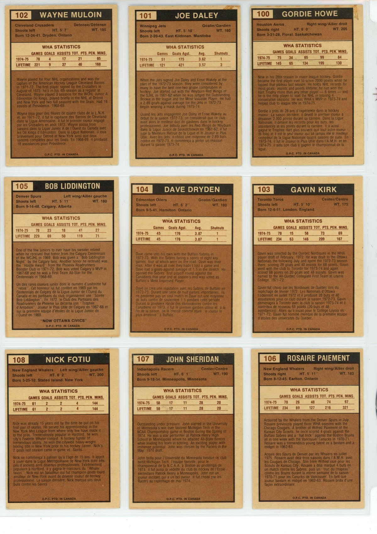 1975/76 O-Pee-Chee WHA Hockey Trading Card Complete Set (132 Cards) - EX/EX+