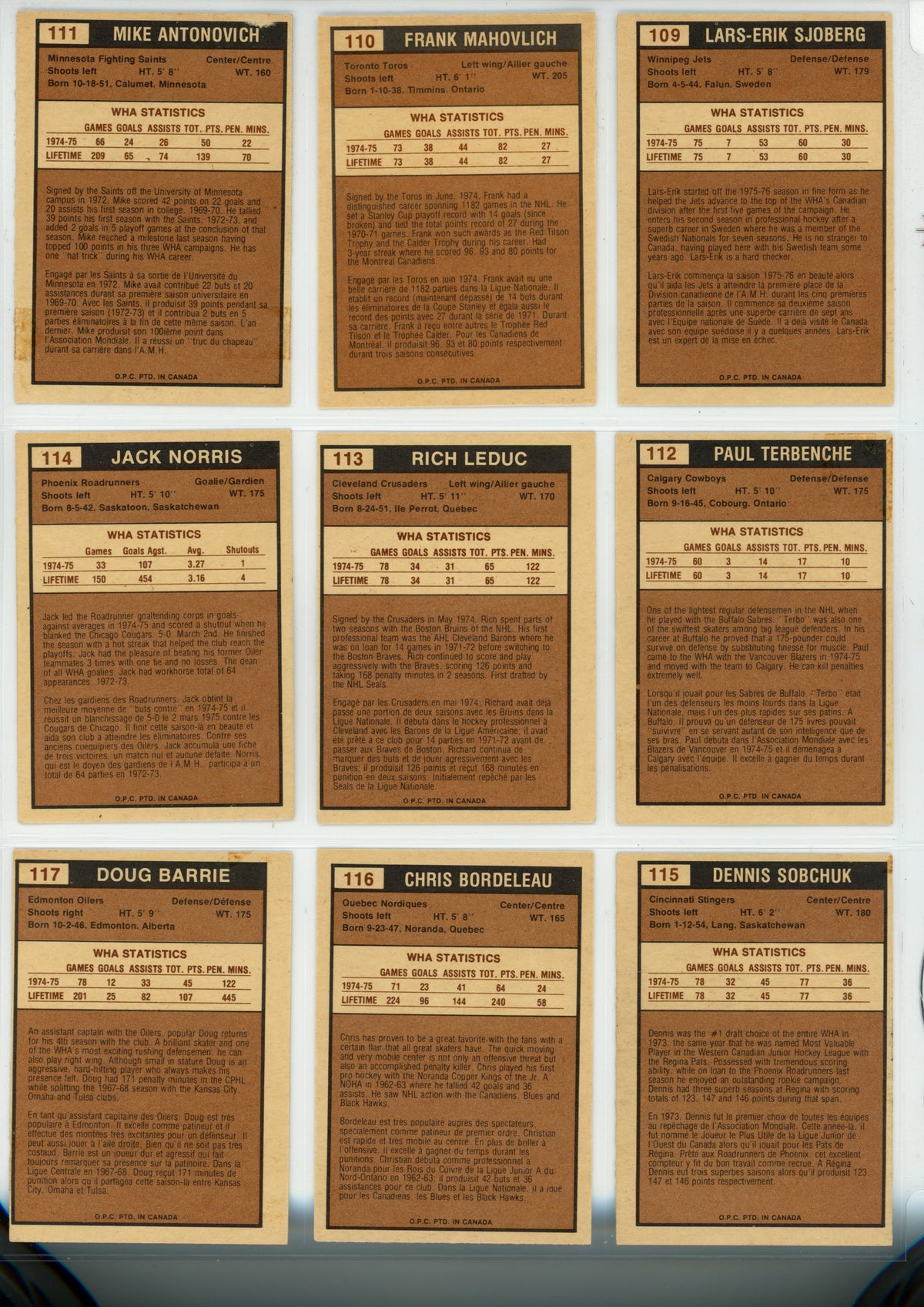 1975/76 O-Pee-Chee WHA Hockey Trading Card Complete Set (132 Cards) - EX/EX+